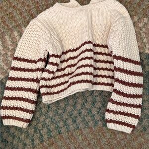 Quincy Mae Cream & Brown Striped Cropped Knit Sweater